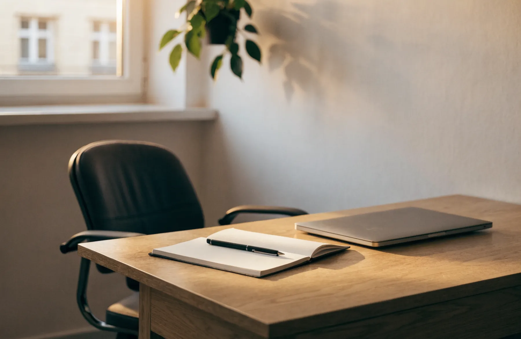 Zamknięty laptop i notatnik na uprzątniętym biurku pod koniec dnia